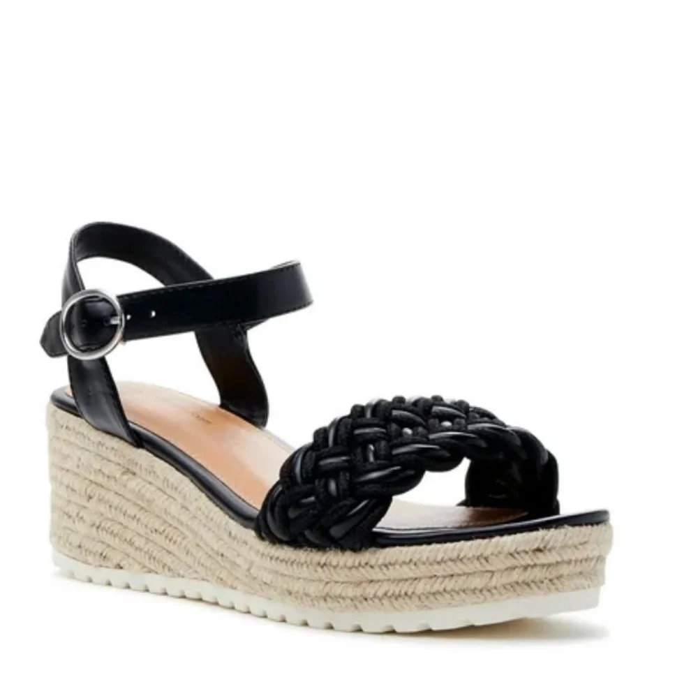 TIME AND TRU WOMENS BLACK BRAIDED ANKLE STRAP ESPADRILLE PLATFORM WEDGES **NWT**